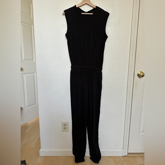 ATM High Torsion Black Drawstring Tank Muscle Sleeveless Casual Long Jumpsuit - Picture 4 of 11